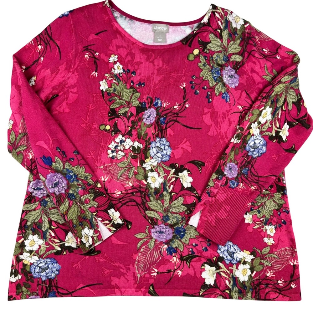 Chicos Floral Knit Sweater Pink Magenta Button Cuff Pullover Size 2 Large Spring